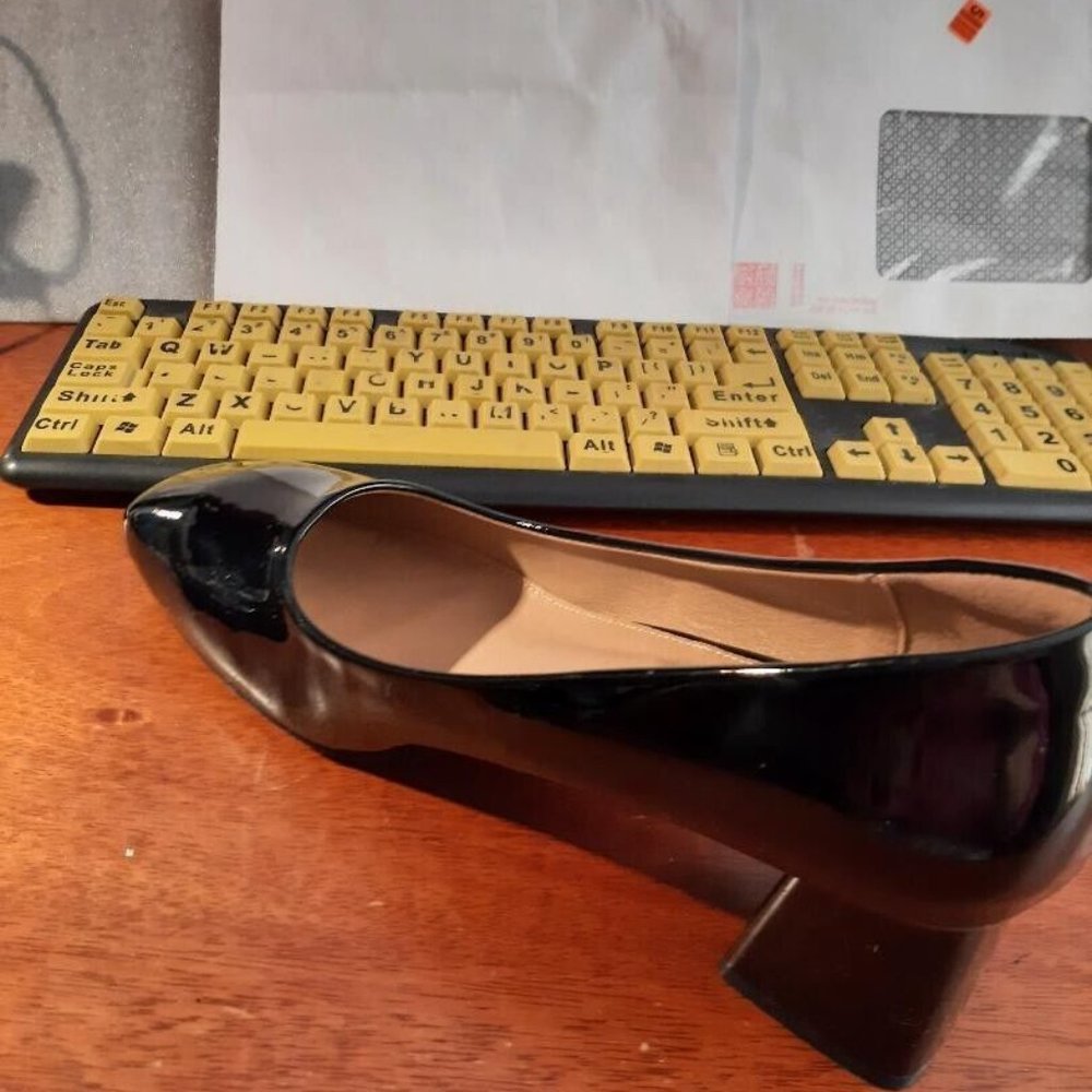 Heel The World Low Block Heel Square Toe Black Pu… - image 3